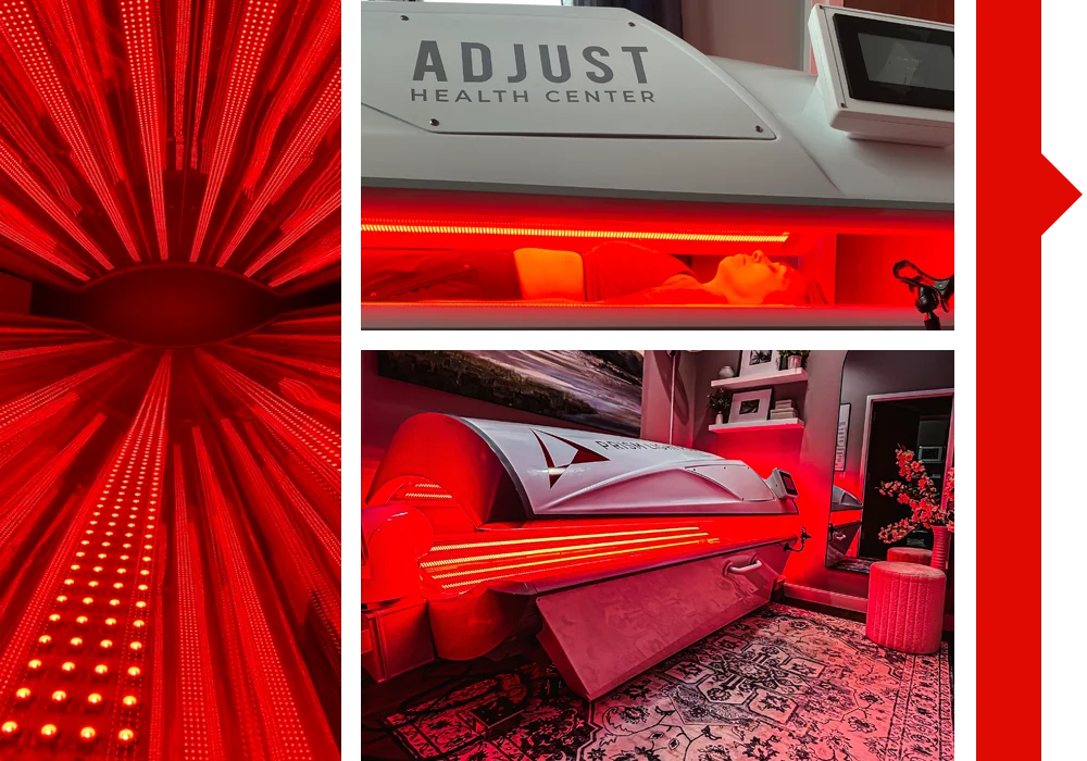 A collage of photos showing a red light therapy device in use