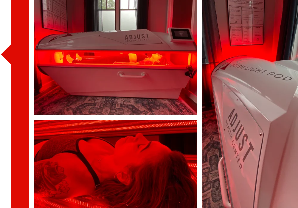 A collage of photos showing patients using the red light therapy pod